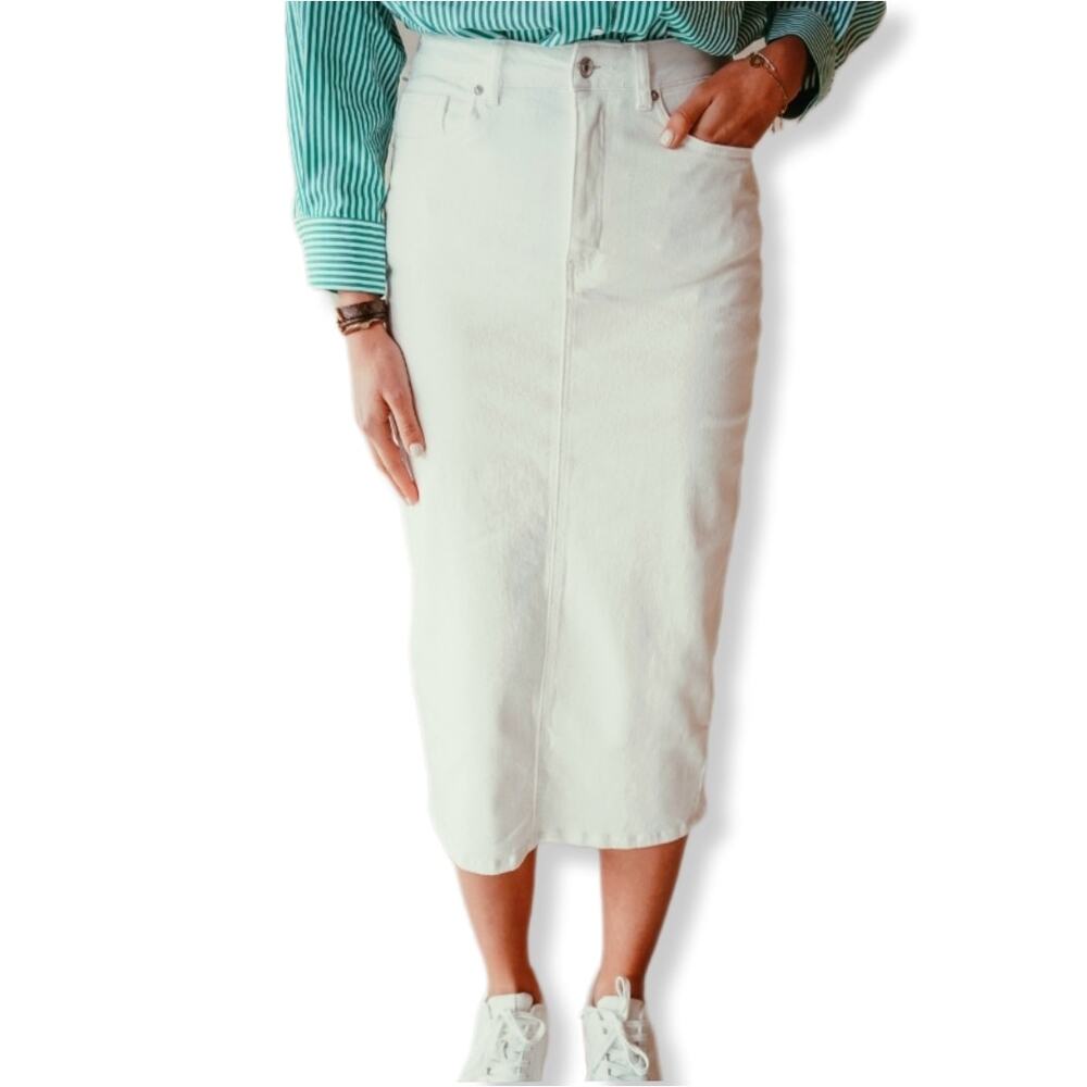 Vtg 80s Venezia Beige Midi Stretch Twill Skirt XL Coastal Preppy Casual NEW